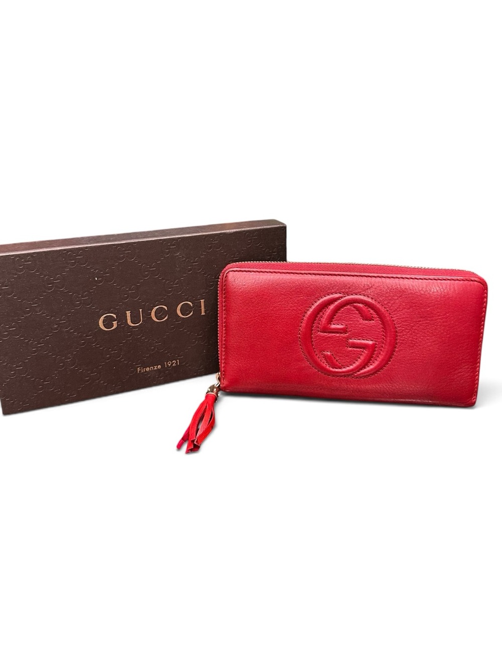 Gucci Soho Cellarius Red Leather Interlocking G Zip Around Tassel Wallet